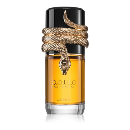 Perfume bottle with snake design on a white background