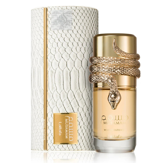 Perfume bottle with decorative snake design and matching packaging on a white background