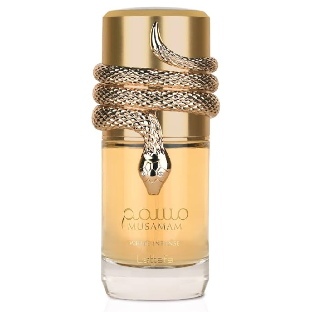 Gold perfume bottle with snake design on a white background