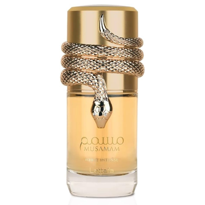 Gold perfume bottle with snake design on a white background