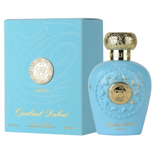 Blue Lattafa Opulent Dubai perfume bottle and packaging on a white background