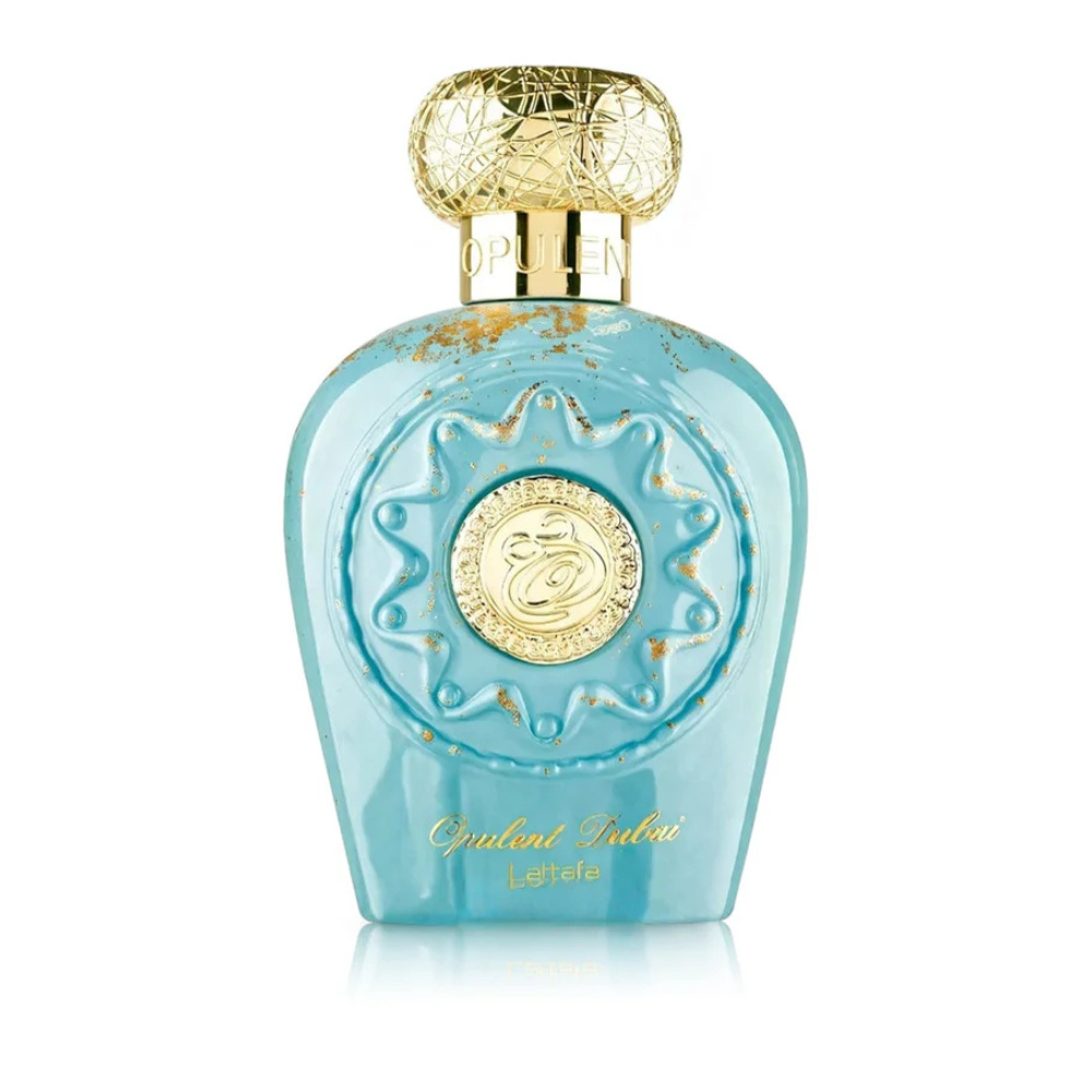 Blue perfume bottle with gold accents on a white background