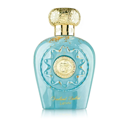 Blue perfume bottle with gold accents on a white background