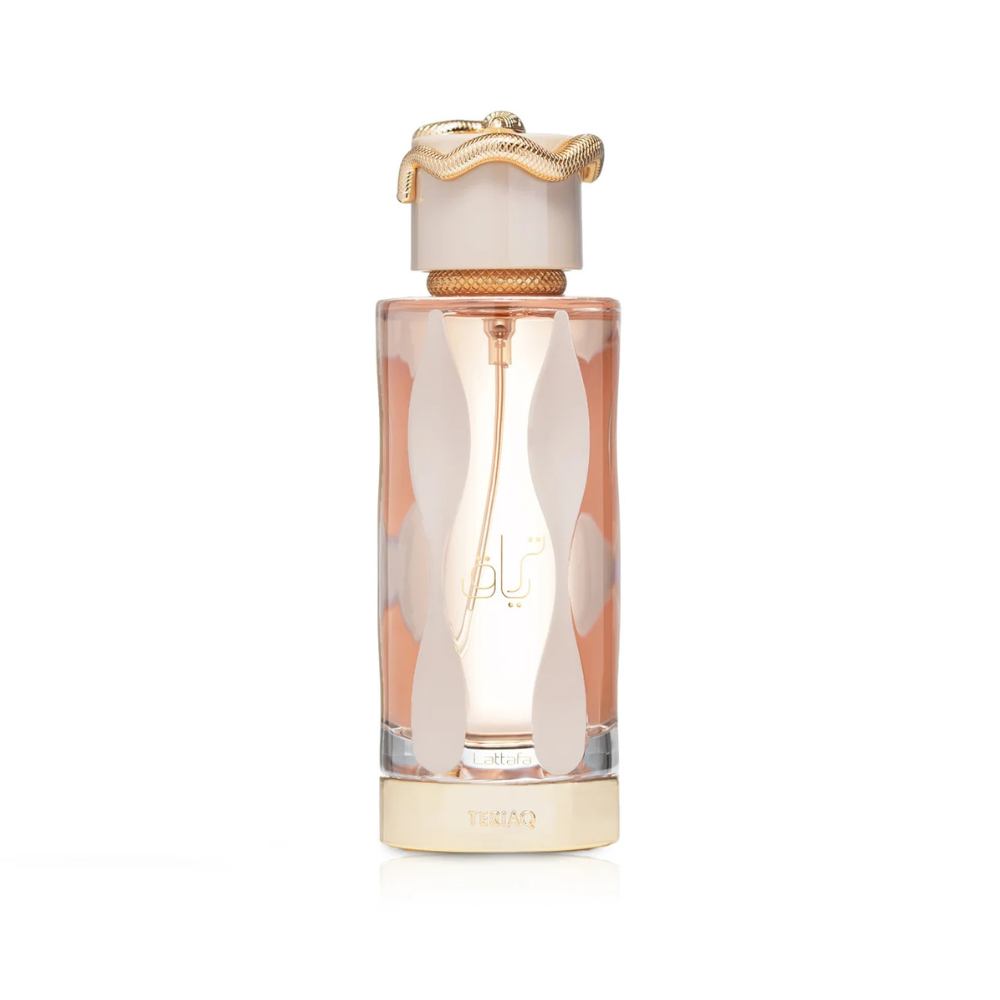 Perfume bottle with gold cap and decorative design on a white background