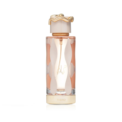 Perfume bottle with gold cap and decorative design on a white background