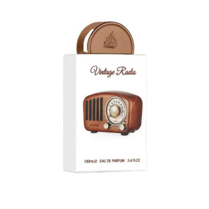 Vintage radio-themed perfume bottle packaging on a white background