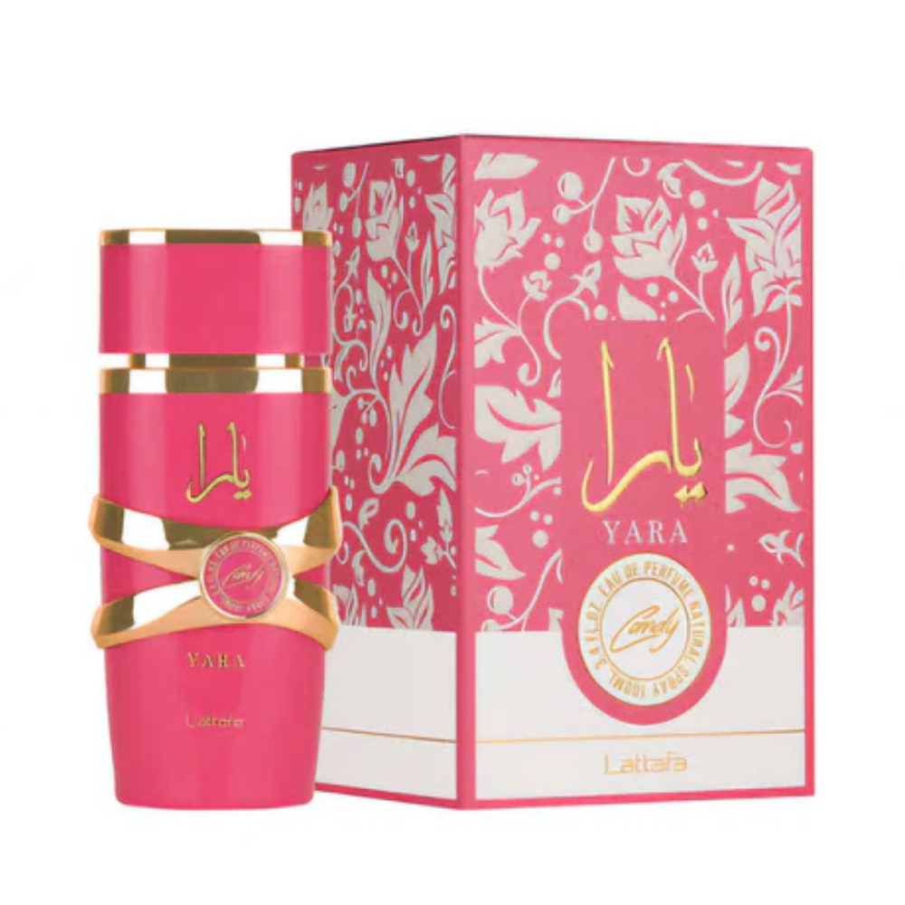 Pink Yara perfume bottle and packaging with intricate designs on a white background
