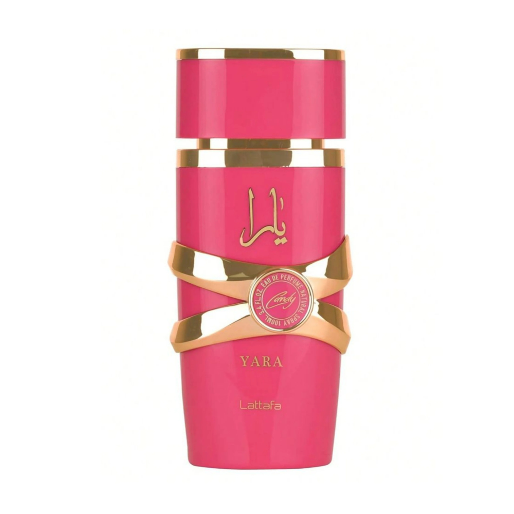 Pink and gold perfume bottle with 'Yara' branding on a white background