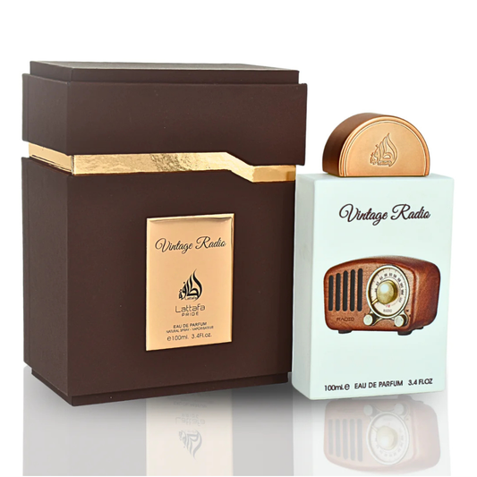 Lattafa Vintage Radio perfume bottle and packaging on a white background