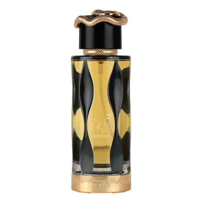 Perfume bottle with gold and black design on a white background