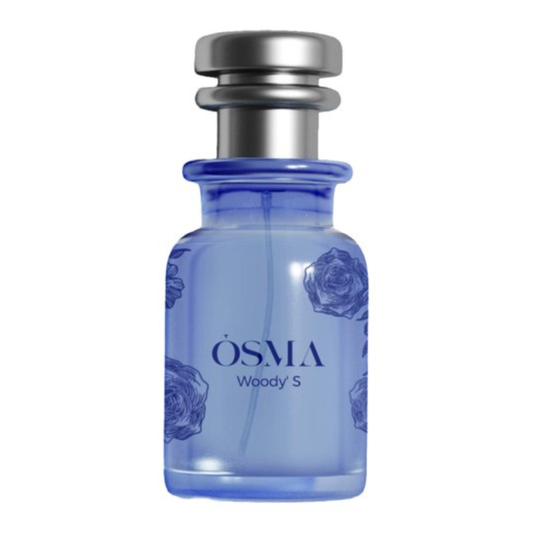 Blue perfume bottle with silver cap on a white background