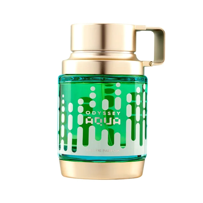 Green and gold Odyssey Aqua perfume bottle on a white background
