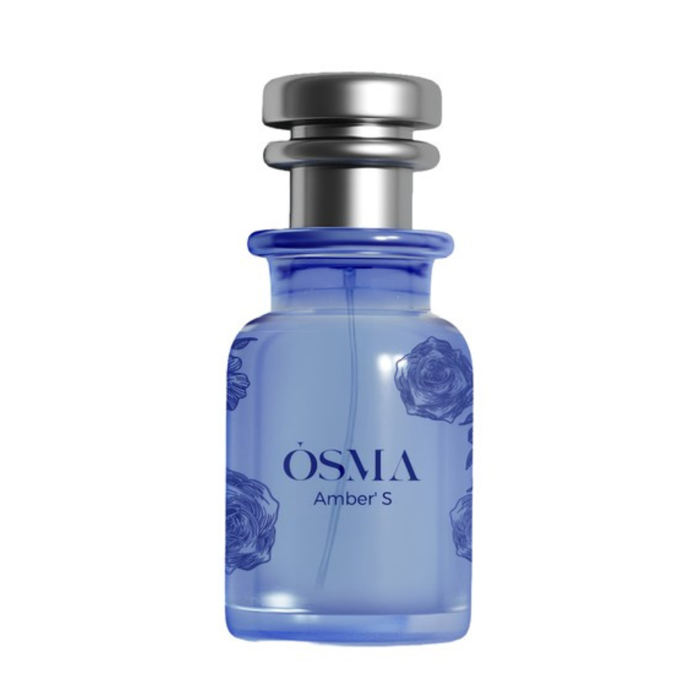 Blue perfume bottle with silver cap on a white background