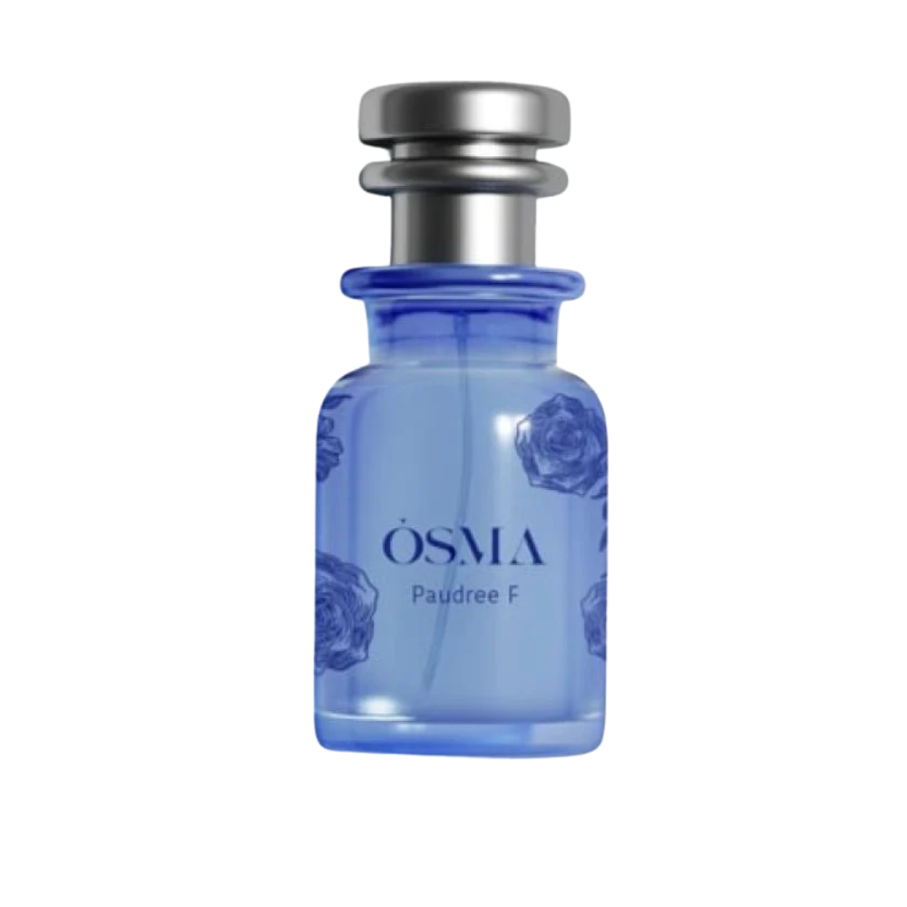 Blue perfume bottle with silver cap on a white background