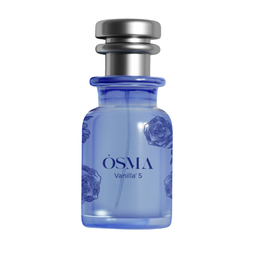 Blue Osma Vanilla S perfume bottle on a white background