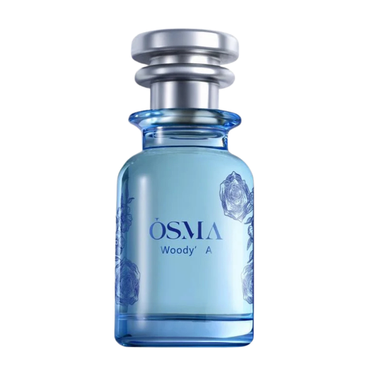 Blue perfume bottle with silver cap on a white background