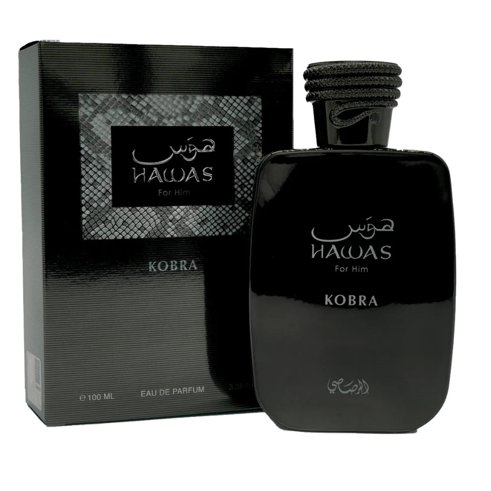Black perfume bottle and packaging with 'Hawas' branding on a white background