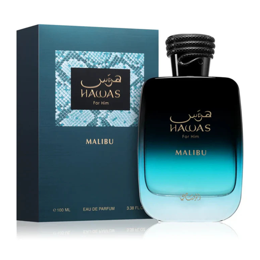 Hawas Malibu perfume bottle and packaging on a white background