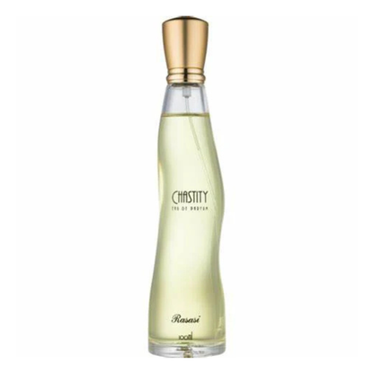 Perfume bottle labeled 'Chastity' by Rasasi on a white background