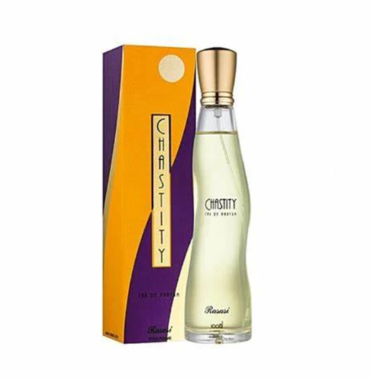 Perfume bottle with gold cap and 'Chastity' packaging on a white background