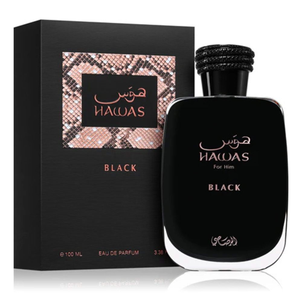 Hawas Black perfume bottle and packaging on a white background