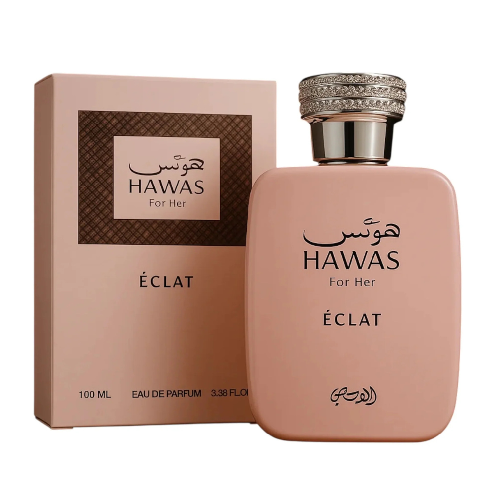 Hawas Eclat perfume bottle and packaging on a white background