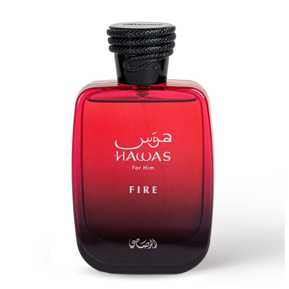 Red perfume bottle labeled 'Hawas for Him Fire' on a white background