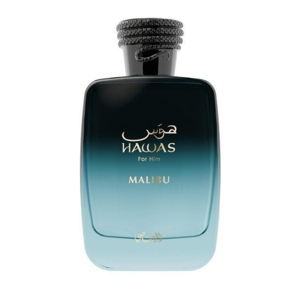 Perfume bottle with gradient design and 'Hawas' branding on a white background