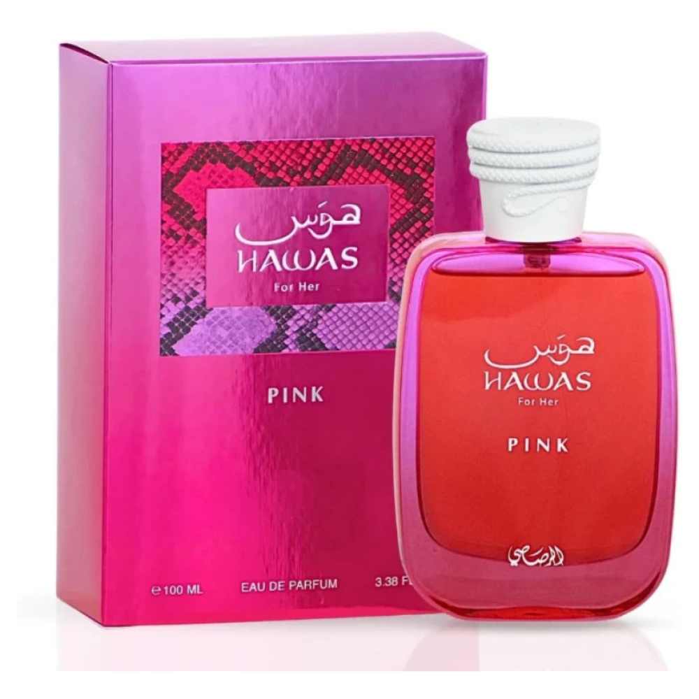 Pink Hawas perfume bottle and packaging on a white background