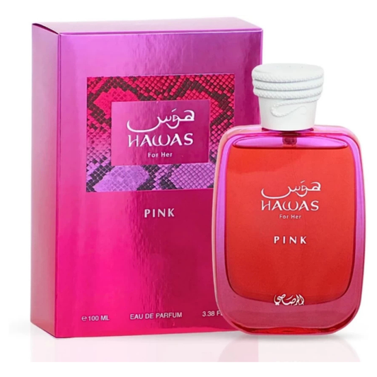 Pink Hawas perfume bottle and packaging on a white background