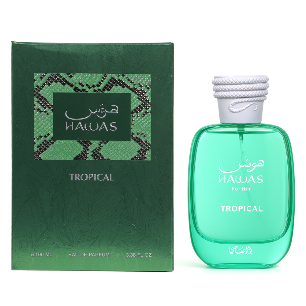 Hawas Tropical perfume bottle and packaging on a white background