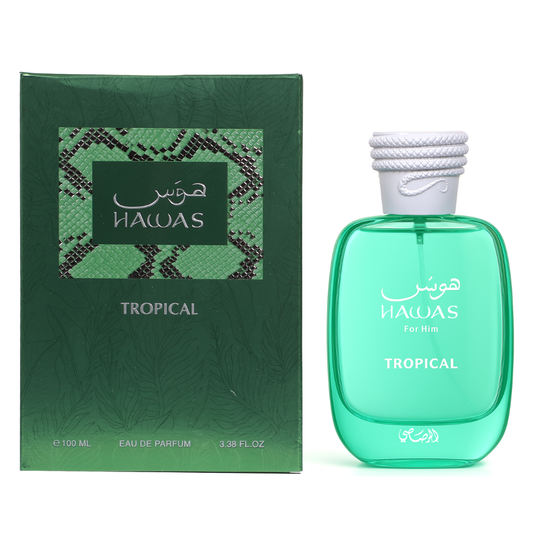 Hawas Tropical perfume bottle and packaging on a white background