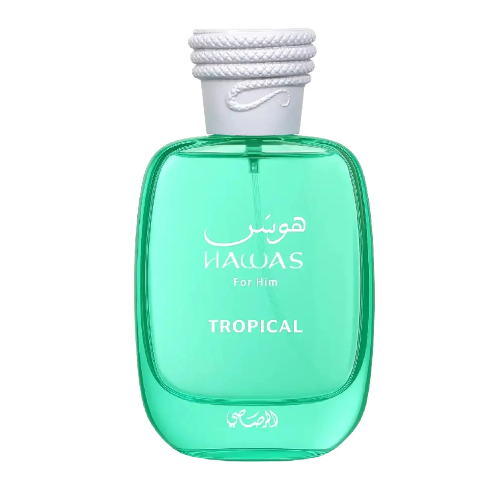 Green perfume bottle labeled 'Hawas' on a white background