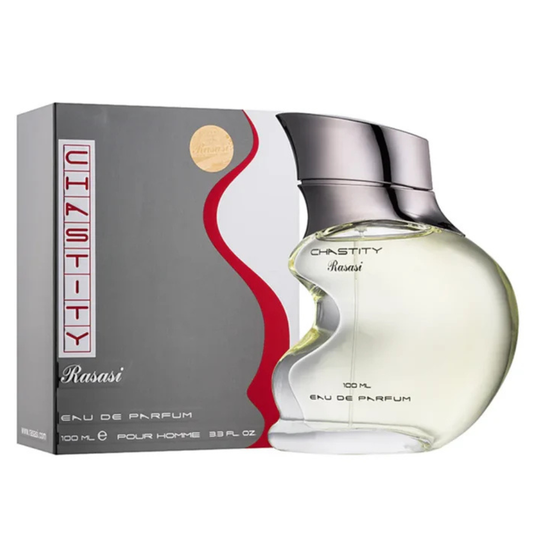 Rasasi Chastity Eau de Parfum bottle and packaging on a white background