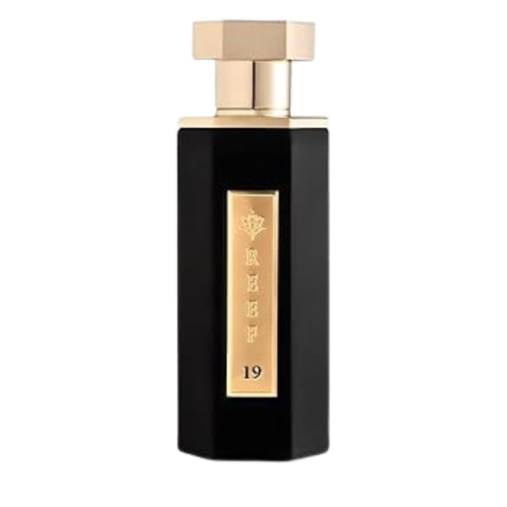 Black perfume bottle with gold cap and label on a white background