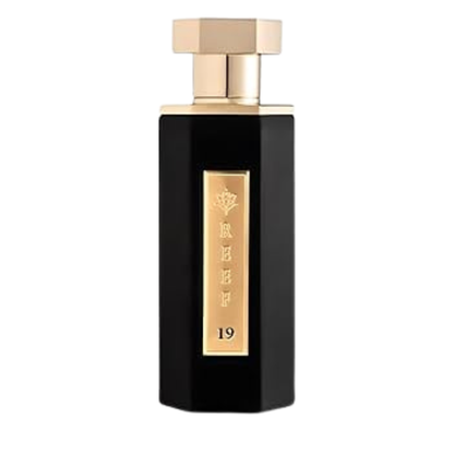 Black perfume bottle with gold cap and label on a white background