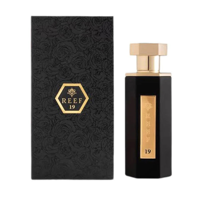 Black perfume bottle and packaging with 'REEF 19' branding on a white background