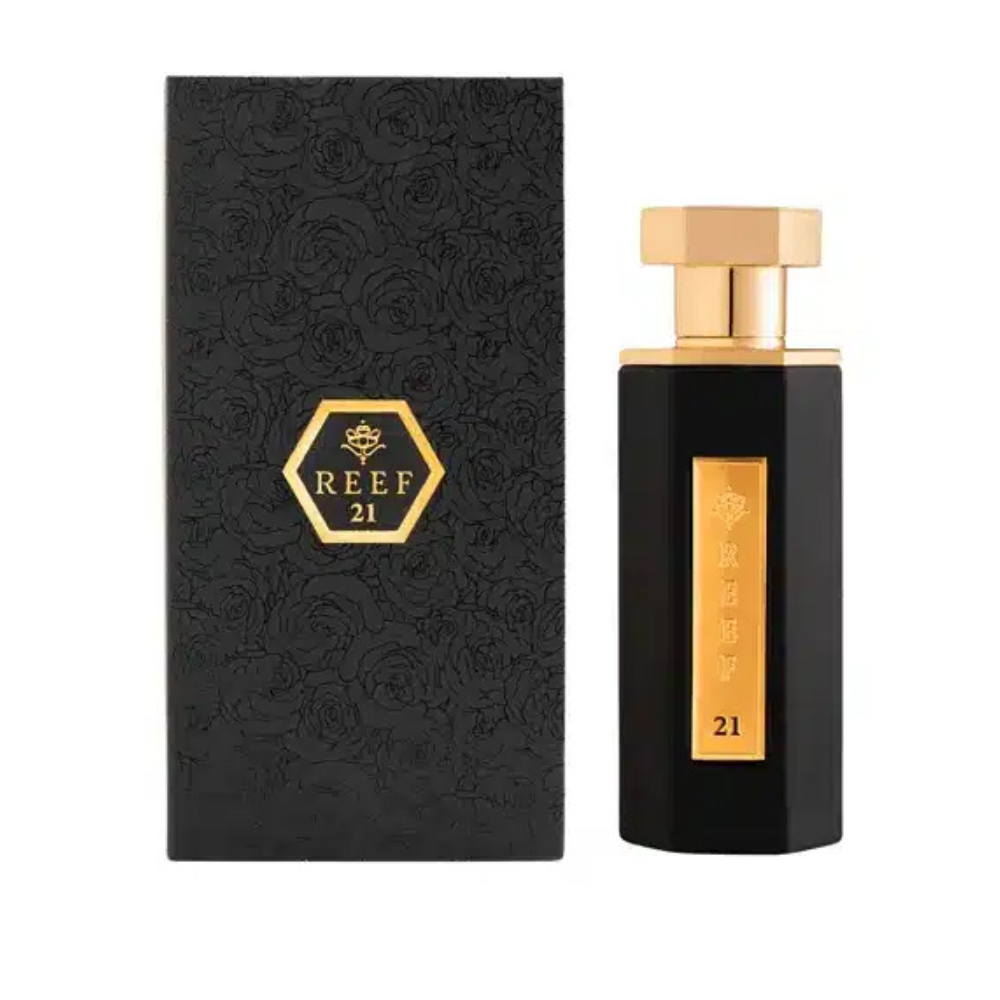 Black and gold perfume bottle with packaging featuring 'REEF 21' logo on a white background