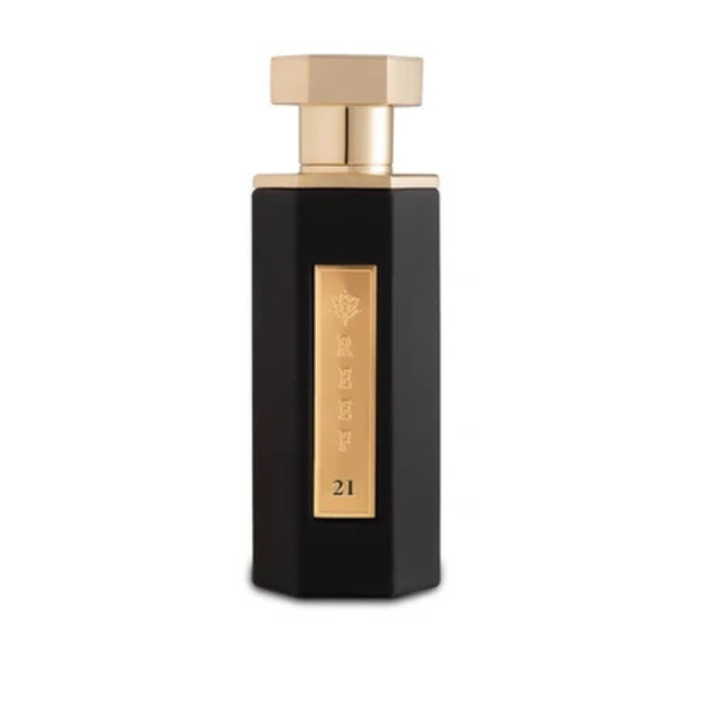 Black and gold perfume bottle with number 21 on a white background