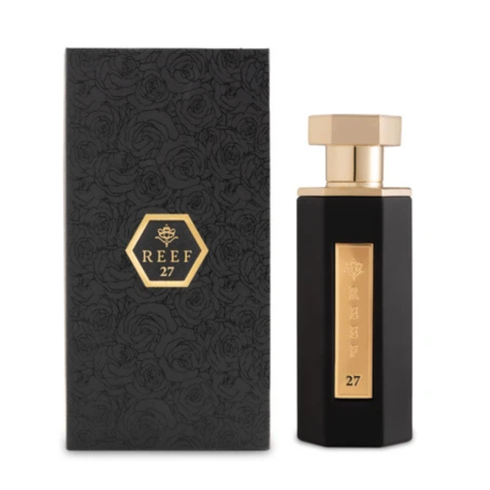Black and gold perfume bottle with matching packaging featuring 'REEF 27' branding.