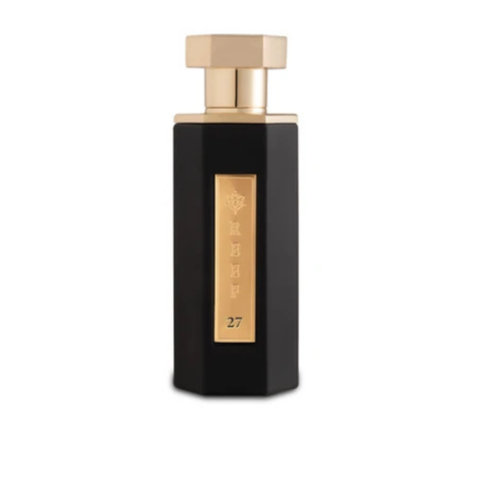 Black and gold perfume bottle with a visible brand logo on a white background