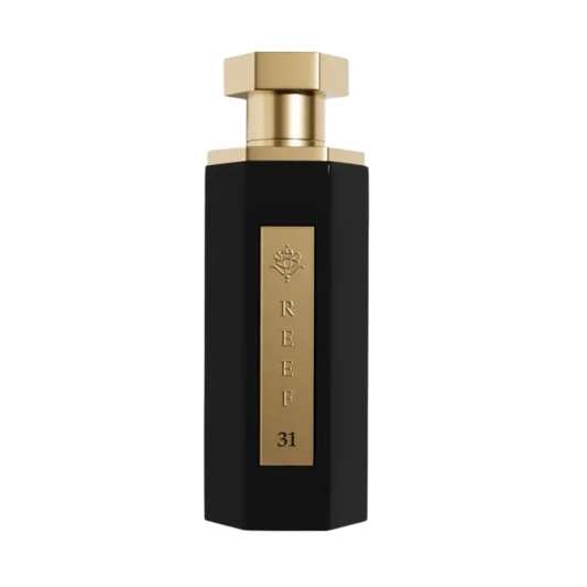 Black and gold perfume bottle with 'REEF 31' branding on a white background