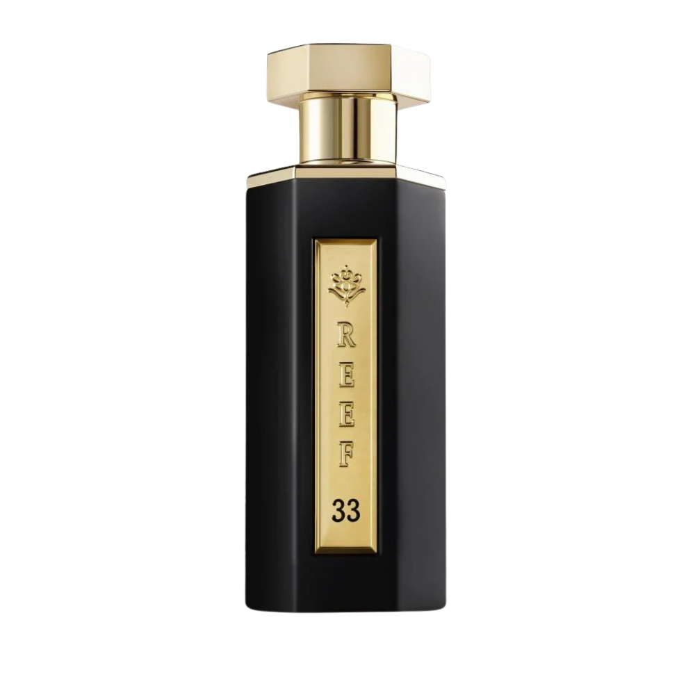 Black and gold perfume bottle with 'REEF 33' branding on a white background