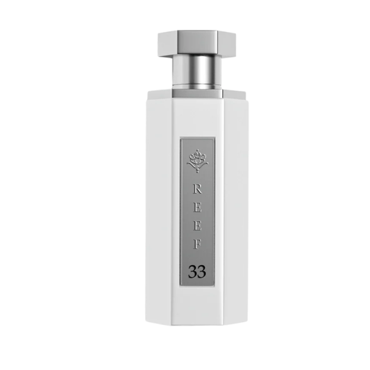 White perfume bottle with silver cap on a white background