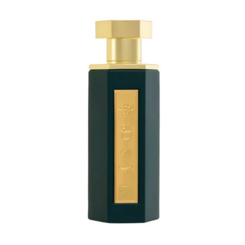Dark green perfume bottle with gold cap on a white background