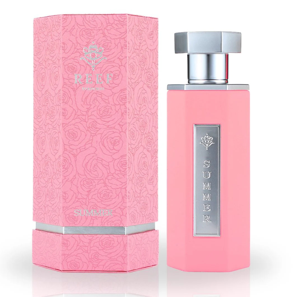 Pink perfume bottle and packaging with 'RELEVE' branding on a white background