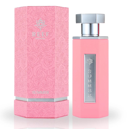 Pink perfume bottle and packaging with 'RELEVE' branding on a white background