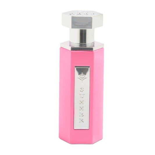 Pink perfume bottle with silver cap on a white background