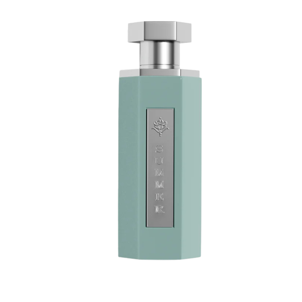 Mint green perfume bottle with silver cap on a white background