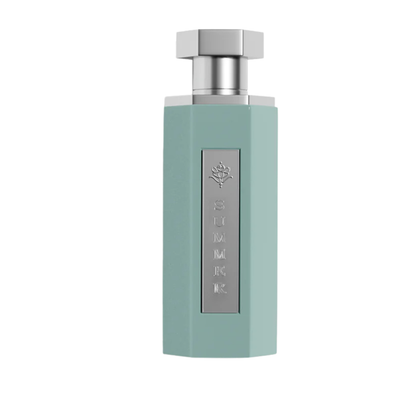Mint green perfume bottle with silver cap on a white background